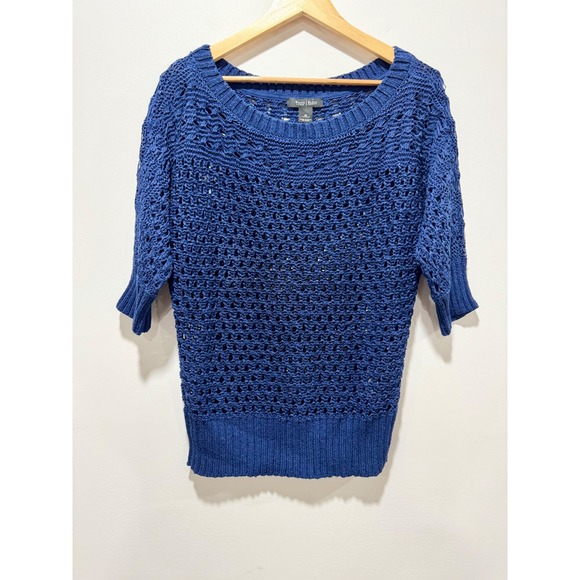 White House Black Market Sweaters - White House Black Market Royal Blue Open Knit Crochet Sweater Short Sleeve Med